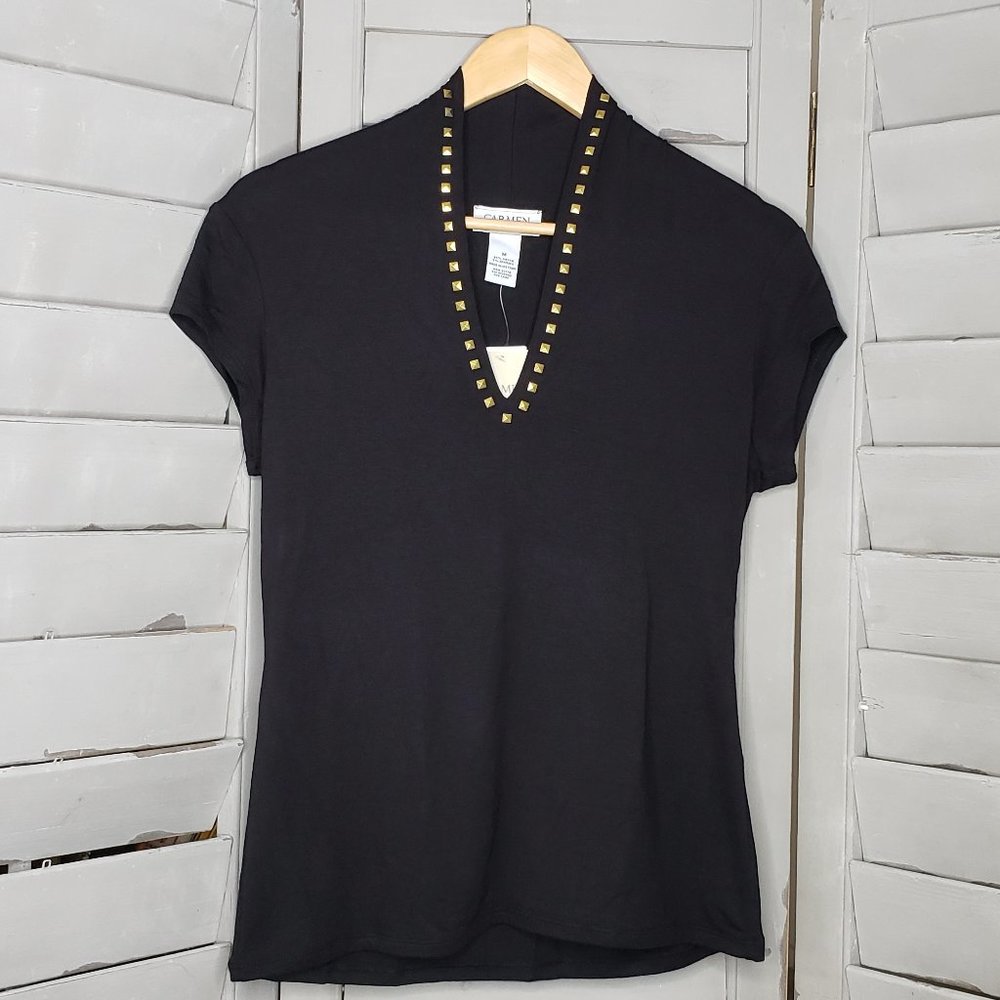 Carmen Marc Valvo Black Gold Studded Top